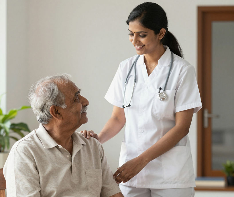 Rainbow Care caregiver supporting an elderly patient at home